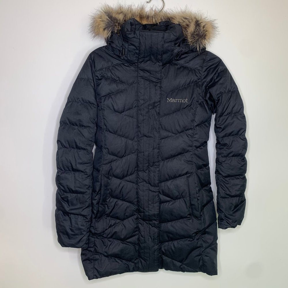 Marmot Black Puffer Coat with Fur Trim